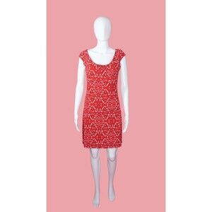 1990s-Y2K FINESSE Red and White PAISLEY Print Dress with Adjustable Neckline. SM